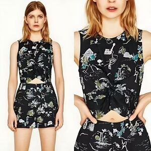Zara Black Cut Out Tropical Island Print Black Romper Shorts